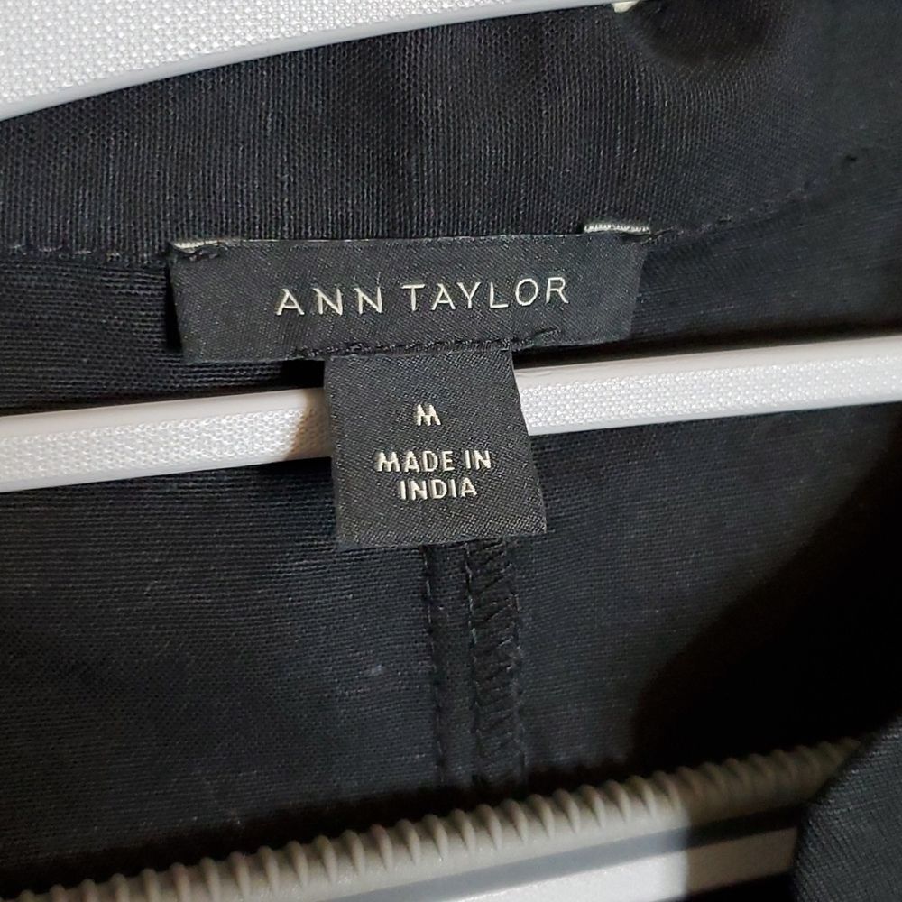 Ann Taylor Medium Black Linen blend Belted Midi Shirtdress Puff Sleeves - Picture 9 of 12
